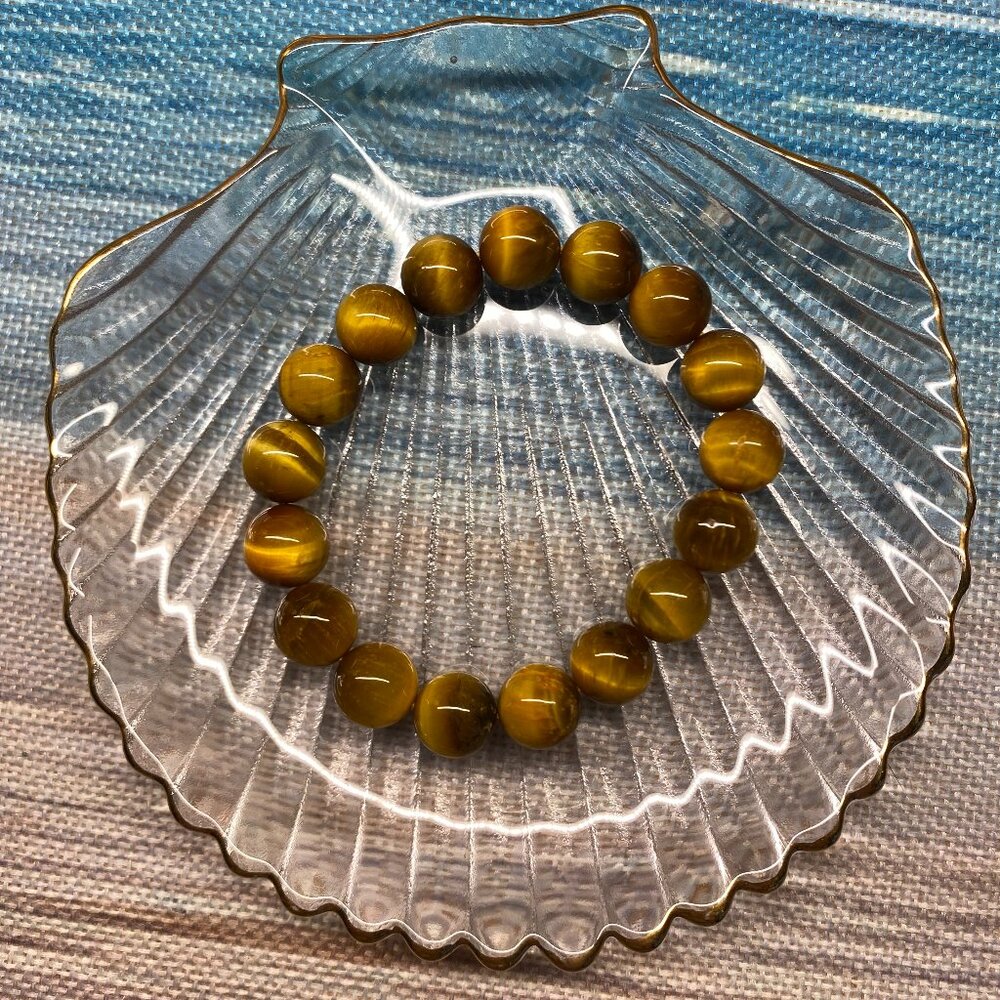 M123 HIGH QUALITY 12mm Golden Tiger Eye Round Stone Gem Bead Bracelet